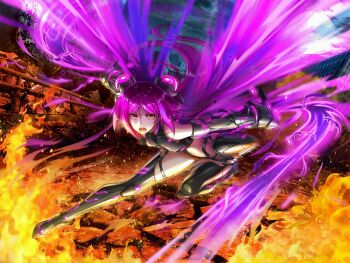 1girl action_taimanin aoi_nagisa_(metalder) ass bodysuit boots breasts colored_skin fire full_body game_cg gauntlets jumping lilith-soft long_hair looking_at_viewer medium_breasts navel night official_art orange_eyes outdoors red_hair revealing_clothes shiny_skin solo su_jinlei taimanin_(series) very_long_hair weapon white_skin wide_hips yellow_eyes