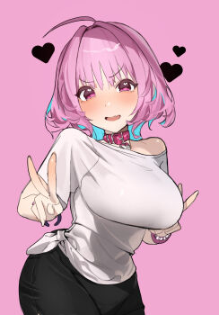 1girl absurdres ahoge aqua_hair bad_id bad_pixiv_id bangle belt belt_collar black_shorts blush bracelet breasts choker collar colored_inner_hair commentary double_v fang fingernails hair_intakes heart heart_collar highres idolmaster idolmaster_cinderella_girls idolmaster_cinderella_girls_starlight_stage jewelry large_breasts looking_at_viewer matsuda_(user_zzng3484) medium_hair multicolored_hair open_mouth pink_background pink_belt pink_choker pink_collar pink_eyes pink_hair pink_wrist_cuffs shirt short_sleeves shorts simple_background single_off_shoulder skin_fang smile solo t-shirt thighs tied_shirt two-tone_hair v white_shirt wrist_cuffs yumemi_riamu