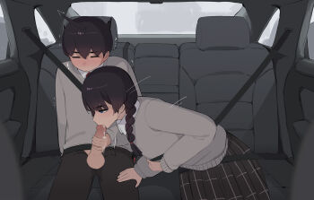 ! 1boy 1girl age_difference ahoge akiyama_fumika_(pepper0) akiyama_yuto_(pepper0) black_hair black_pants black_skirt blue_eyes braid brother_and_sister car_interior censored closed_eyes commentary cum cum_in_mouth ejaculation fellatio hetero highres incest long_hair mosaic_censoring motion_lines necktie onee-shota open_fly oral original pants penis pepper0 plaid_clothes plaid_skirt red_necktie school_uniform seatbelt shirt shota siblings sitting skirt stealth_sex sweater testicles twin_braids v-neck white_shirt window