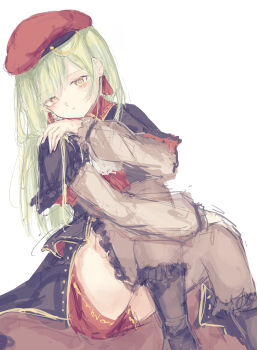 1girl absurdres bang_dream! bang_dream!_it&#039;s_mygo!!!!! beret black_capelet black_thighhighs capelet commentary green_hair grey_shirt hat highres latte_bf long_hair mortis_(bang_dream!) mortis_(costume)_(bang_dream!) red_hat red_shorts shirt shorts simple_background sitting solo thighhighs wakaba_mutsumi white_background yellow_eyes