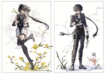 1boy 1girl bare_shoulders black_boots black_dress black_gloves black_hair black_jacket black_pants boots branch breasts chinese_commentary closed_mouth collared_jacket commentary_request dress earrings elbow_pads female_rover_(wuthering_waves) full_body gloves grey_shirt hair_between_eyes hair_ornament hairclip hand_up highres holding holding_branch jacket jewelry long_hair looking_at_hand looking_at_viewer low_ponytail male_rover_(wuthering_waves) medium_breasts mijiu163 open_clothes open_jacket pants parallel_hairclips partially_fingerless_gloves ponytail pouch rover_(wuthering_waves) shirt sleeves_rolled_up smile snowman standing thigh_boots thigh_pouch triangle_earrings wuthering_waves yellow_eyes