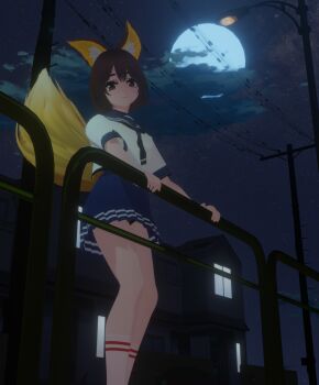 animal_ears blender_(medium) blender_eevee blue_archive brown_hair fox_ears fox_girl fox_tail highres izuna_(blue_archive) looking_at_viewer moon night non-web_source sailor_collar school_uniform short_hair sodayo tail