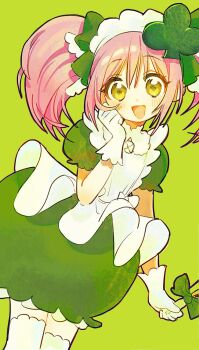 Rule 34 | 1girl, amulet spade, apron, blush, bubble skirt, commentary, dress, gloves, green background, hair ornament, hand on own cheek, hand on own face, highres, hinamori amu, holding, holding wand, long hair, looking at viewer, magical girl, maid headdress, open mouth, pink hair, q yan31, shugo chara!, skirt, smile, solo, spade hair ornament, symbol-only commentary, thighhighs, twintails, wand, yellow eyes