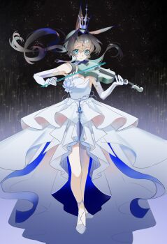 absurdres ambience_synesthesia amiya_(arknights) animal_ears aqua_eyes arknights bare_shoulders blue_ribbon brown_hair chinese_commentary closed_mouth commentary_request crown dress elbow_gloves floating_hair full_body gloves grey_shoes hair_between_eyes hair_intakes highres holding holding_instrument holding_violin instrument jewelry layered_dress long_dress long_hair looking_at_viewer multiple_rings music no_socks playing_instrument ribbon ring shoes smile space sparkle star_(sky) train_(clothing) violin white_dress white_gloves yeye_(yun_ying)