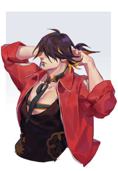 1boy black_hair black_shirt border collarbone commentary_request grey_background hair_over_one_eye jacket long_sleeves looking_ahead male_focus nagasone_kotetsu ncww_rinichi pectorals red_jacket shirt solo sparse_stubble touken_ranbu white_border