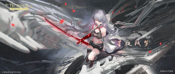 1girl acheron_(honkai:_star_rail) asymmetrical_footwear black_choker black_gloves black_shorts body_markings bone boots breasts chinese_text choker cleavage detached_sleeves english_text falling_petals gloves hair_over_one_eye highres honkai:_star_rail honkai_(series) leg_tattoo long_hair medium_breasts midriff navel petals red_eyes short_shorts shorts single_bare_shoulder sitting skeleton solo stomach sword tattoo thigh_boots wboss weapon white_hair
