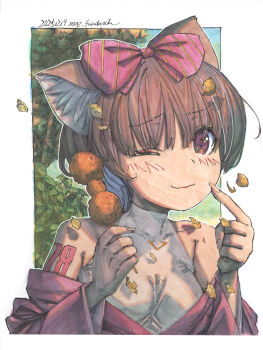 1girl animal_ears blush border bow brown_hair commentary_request dango eyeshadow falling_leaves fingernails food fox_ears fox_girl hair_bow hand_on_own_face highres holding holding_food japanese_clothes kimono leaf long_fingernails makeup making-of_available marker_(medium) meiz number_tattoo one_eye_closed open_clothes open_kimono original outdoors outline painting_(medium) ponytail red_eyes red_eyeshadow shikishi sky sleeveless sleeveless_turtleneck solo striped_bow tattoo traditional_media tree turtleneck upper_body wagashi watercolor_(medium) white_outline