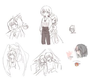 Rule 34 | 2girls, angel wings, basil (wgh0anzdple3asf), breasts, butch/femme couple, ceras yanagida lilienfeld, cleavage, collarbone, collared shirt, commentary request, dress, edel note, greyscale, hair ornament, headpat, highres, jellyfish cut, katsuragi izumi, korean commentary, link! like! love live!, long hair, love live!, medium breasts, monochrome, multiple girls, multiple views, open collar, pants, shared bed, shirt, simple background, triangle hair ornament, virtual youtuber, white background, wings, yuri