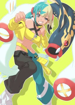 1girl aqua_hair bandeau belt black_belt blonde_hair breasts canari_(pokemon) cleavage clenched_hand commentary_request eelektross gen_5_pokemon grey_eyes grin highres jacket looking_at_viewer mask mask_pull mega_eelektross mouth_mask multicolored_hair nail_polish navel nintendo pants pokemon pokemon_(creature) pokemon_legends:_z-a shoes single_off_shoulder smile stomach takino_(taji_tlstd) teeth two-tone_hair yellow_bandeau yellow_jacket yellow_nails zipper zipper_pull_tab