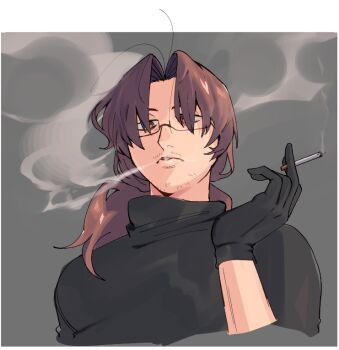 1boy alternate_costume antenna_hair antennae bags_under_eyes beard_stubble between_fingers black-framed_eyewear black-framed_glasses black_gloves black_sweater border brown_eyes brown_hair casual cigarette covered_eyes cropped_torso e.g.o_(project_moon) expressionless facial_hair glasses gloves gregor_(project_moon) grey_background hair_intakes hair_over_eyes hair_over_shoulder half-closed_eyes hand_up highres holding holding_cigarette jitome limbus_company long_hair long_sleeves looking_at_viewer looking_down low_ponytail male_focus official_alternate_costume parted_bangs parted_lips photoshop_(medium) ponytail portrait project_moon rosespanner_workshop_(identity)_(project_moon) sanpaku semi-rimless_eyewear shaded_face simple_background sleeves_pushed_up sleeves_rolled_up smoke smoking solo stubble sweater teeth turtleneck turtleneck_sweater two-tone_background under-rim_eyewear upper_body white_background white_border