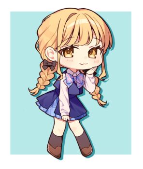 Rule 34 | 1girl, :3, blonde hair, blue background, blue bow, blue bowtie, blush, border, bow, bowtie, braid, brown bow, brown shoes, brown socks, chibi, chibi only, closed mouth, collared shirt, commentary request, drop shadow, fujita kotone, full body, gakuen idolmaster, hair bow, hand up, idolmaster, kneehighs, long hair, long sleeves, looking at viewer, outside border, plaid bow, plaid bowtie, plaid clothes, purple skirt, purple vest, shirt, shoes, simple background, skirt, smile, socks, solo, standing, twin braids, usamimikurage, vest, white border, white shirt, yellow eyes