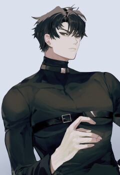 1boy absurdres black_eyes black_hair black_shirt chest_belt curtained_hair hair_between_eyes hand_on_own_hip hand_up high_collar highres kyou_tayaoi looking_at_viewer male_focus omniscient_reader&#039;s_viewpoint serious shirt short_hair solo textless_version toned toned_male upper_body yoo_joonghyuk