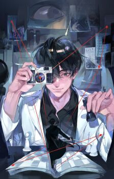 2boys black_coat black_eyes black_hair black_shirt book bookshelf bulletin_board camera chess_piece coat collared_shirt covering_one_eye hair_between_eyes highres holding holding_camera holding_chess_piece holding_sword holding_weapon kim_dokja korean_text male_focus mini_person miniboy multiple_boys omniscient_reader&#039;s_viewpoint open_book pawn_(chess) photo_(object) popped_collar puppet_strings rc_dec rook_(chess) shirt short_hair size_difference smile string sword taking_picture tiles upper_body walking weapon white_coat yoo_joonghyuk