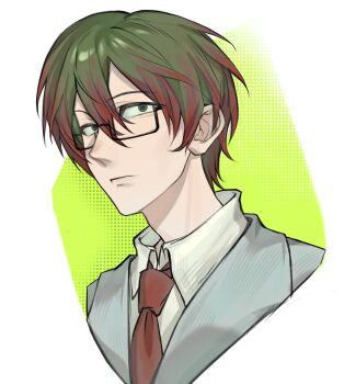 Rule 34 | 1boy, 49neb, black-framed eyewear, chinese commentary, closed mouth, collared shirt, commentary request, cropped torso, glasses, green eyes, green hair, grey jacket, hair between eyes, highres, jacket, lapels, male focus, multicolored hair, necktie, otowa rui (saibou shinkyoku), red hair, red necktie, saibou shinkyoku, sanpaku, semi-rimless eyewear, shirt, short hair, solo, two-tone hair, variant set, white shirt