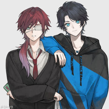 2boys absurdres arm_on_another&#039;s_shoulder axia_krone axia_krone_(2nd_costume) bag black_cardigan black_hoodie black_nails blue_eyes brown_hair cardigan cellphone clip_studio_paint_(medium) closed_mouth collarbone collared_shirt commentary_request drawstring eyepatch grey_background highres holding holding_bag holding_phone hood hood_down hoodie jh lauren_iroas long_hair long_sleeves male_focus medical_eyepatch multiple_boys nail_polish necktie nijisanji phone plastic_bag puffy_long_sleeves puffy_sleeves red_necktie shirt simple_background sleeves_past_wrists smile upper_body virtual_youtuber white_shirt