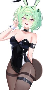 1girl absurdres animal_ears armband bare_shoulders belt black_choker black_leotard breasts brown_pantyhose choker cleavage commentary_request cowboy_shot fake_animal_ears g_godocbaek green_hair green_nails hair_between_eyes hair_ornament hairclip hand_up highres korean_commentary leotard long_hair looking_at_viewer medium_breasts mole mole_on_breast mole_on_thigh nail_polish open_mouth pantyhose playboy playboy_bunny purple_eyes rabbit_ears simple_background smile solo standing stellive strapless strapless_leotard thigh_belt thigh_strap thighband_pantyhose twintails v virtual_youtuber white_background wrist_cuffs x_hair_ornament yuzuha_riko