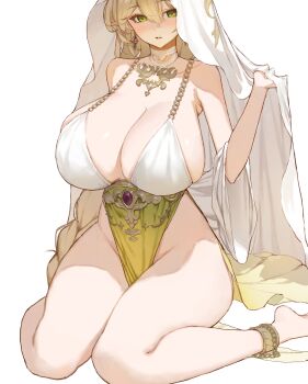 1girl absurdres artist_request barefoot blonde_hair braid breasts cleavage elf green_eyes highres huge_breasts jeanne_(cherin) large_breasts long_braid no_panties pointy_ears sib_(9obsl) single_braid solo veil white_veil