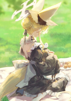 1girl absurdres alternate_costume alternate_hairstyle animal_ear_fluff animal_ears apron back_bow back_cutout bare_back bird bird_on_hand black_dress black_hairband blonde_hair blue_archive bow braid bun_with_braided_base clothing_cutout commentary cup dress english_commentary eshineko extra_ears fox_ears fox_girl fox_tail from_behind hair_bun hairband halo highres holding holding_cup lolita_hairband maid_apron picnic picnic_blanket seia_(blue_archive) sitting sleeves_past_fingers sleeves_past_wrists socks solo tail tea teacup wariza white_bow white_socks yellow_halo