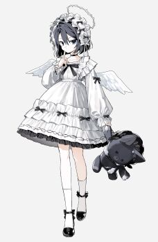 1girl absurdres accurate_lolita_coord black_bow black_choker black_hair black_shoes blue_eyes bob_cut bow choker collarbone dress dress_bow frilled_dress frilled_headwear frills fujo0t4ku full_body hair_between_eyes halo hat hat_bow highres holding holding_stuffed_toy index_finger_raised long_sleeves maid_headdress original puffy_long_sleeves puffy_sleeves shoes short_hair simple_background sleeve_bow socks solo stuffed_animal stuffed_cat stuffed_toy white_background white_bow white_dress white_halo white_socks white_wings wings