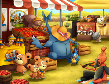 :3 apple apron arboliva artist_name baguette barrel basket beedrill bottle bread buck_teeth character_name closed_eyes closed_mouth clothed_pokemon commentary crate ditto english_commentary english_text fangs fidough food foongus fruit gen_1_pokemon gen_2_pokemon gen_3_pokemon gen_4_pokemon gen_5_pokemon gen_7_pokemon gen_8_pokemon grass greedent green_apron hat heracross highres holding holding_basket holding_bread holding_food holding_instrument holding_jar holding_vegetable holding_violin honey instrument jar karrablast kricketune market morelull mushroom music nintendo onion open_mouth outdoors paras playing_instrument pokemon pokemon_(creature) pokemon_focus potato pumpkin seedot signature sitting smile smoliv staryu straw_hat sun_hat teddiursa teeth thecalendork tomato transformed_ditto vegetable violin violin_case watermark weedle wheat_field