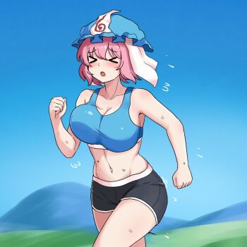 &gt;_&lt; 1girl :o bare_arms bare_shoulders black_shorts blue_hat blue_sky blue_sports_bra blush bouncing_breasts breasts clear_sky cleavage closed_eyes collarbone commentary cowboy_shot day dolphin_shorts ehehe52921343 exercising flying_sweatdrops grass hat highres large_breasts midriff mob_cap mountainous_horizon navel open_mouth outdoors pink_hair running saigyouji_yuyuko short_hair short_shorts shorts sky solo sports_bra sweat touhou triangular_headpiece