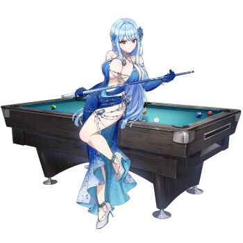 1girl ball billiard_ball billiards blue_dress blue_gloves blue_hair breasts cleavage cue_stick dolphin_wave dress elbow_gloves flower game_cg gloves hair_flower hair_ornament high_heels highres holding holding_cue_stick jewelry large_breasts long_hair looking_at_viewer nayuki_hiori necklace non-web_source official_art on_table ootomo_takuji pool_table pumps red_eyes shoes side_slit sitting sitting_on_table smile solo stiletto_heels table transparent_background