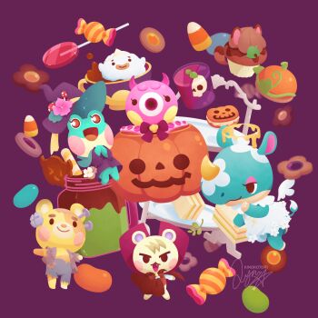 2boys 3girls animal_crossing azalea_(animal_crossing) bear_boy candy candy_corn character-themed_food commentary cookie dress food frog_girl full_body furry furry_female furry_male halo hat highres jack-o&#039;-lantern jar jelly_bean kinokorin lily_(animal_crossing) marina_(animal_crossing) marshal_(animal_crossing) marty_(animal_crossing) melting_halo multiple_boys multiple_girls nintendo pumpkin purple_background rhinoceros_girl skull squirrel_boy table thumbprint_cookie tom_nook_(animal_crossing) vampire_costume white_dress wisp_(animal_crossing) witch_hat wrapped_candy
