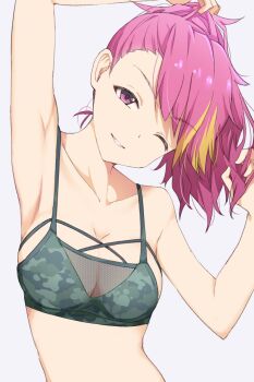 1girl armpits arms_up asymmetrical_bangs bad_id bad_twitter_id bare_arms bare_shoulders blonde_hair bra breasts camouflage camouflage_bra cleavage collarbone commentary_request female_focus grey_background hand_in_own_hair head_tilt highres hiroki_(yyqw7151) honeycomb_(pattern) idolmaster idolmaster_million_live! looking_at_viewer maihama_ayumu medium_breasts multi-strapped_bra multicolored_hair one_eye_closed parted_lips ponytail purple_eyes purple_hair see-through_clothes simple_background smile solo streaked_hair underwear underwear_only upper_body