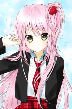 Rule 34 | 1girl, black jacket, collared shirt, half updo, hinamori amu, jacket, lan lan, long hair, looking at viewer, necktie, pink hair, pink nails, red necktie, school uniform, shirt, shugo chara!, sidelocks, solo, white shirt