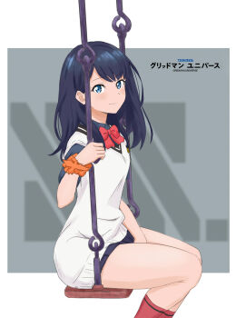 1girl between_legs black_hair black_shirt blue_eyes from_side gridman_universe gridman_universe_(movie) hand_between_legs highres kneehighs long_hair looking_at_viewer miniskirt necktie on_swing school_uniform shirt short_sleeves sitting skirt smile socks solo ssss.dynazenon ssss.gridman sweater_vest swing takarada_rikka thick_thighs thighs vest viperxtr white_vest