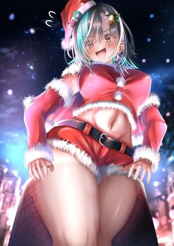 1girl absurdres alternate_costume aqua_hair black_hair breasts earrings fur-trimmed_headwear fur-trimmed_shirt fur-trimmed_shorts fur-trimmed_sleeves fur_trim gloves hat highres hololive hololive_dev_is jewelry large_breasts looking_at_viewer multicolored_hair naodagashi open_mouth outdoors red_eyes red_gloves red_hat red_shorts rindo_chihaya santa_costume santa_hat shirt shorts sky solo star_(sky) starry_sky streaked_hair virtual_youtuber white_streaks