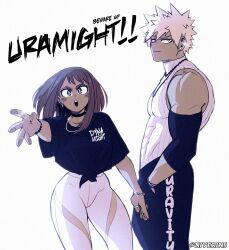1boy 1girl bakugou_katsuki boku_no_hero_academia cameltoe choker dimples ear_piercing elbow_gloves gloves hands_in_pockets jewelry muscular muscular_male necklace niverins piercing sleeveless thick_eyebrows thick_thighs thighs uraraka_ochako wide_hips