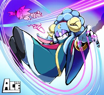Rule 34 | 1boy, 1girl, ace2564, animal ears, animal nose, ariem (sonic), bangle, bell, blue dress, blue eyeshadow, blue hair, blue nails, blue robe, body fur, bracelet, copyright name, crescent, crescent moon, curled horns, dress, eyelashes, eyeliner, eyeshadow, flying, forehead jewel, furry, furry female, furry male, gloves, gold bracelet, gold trim, half-closed eye, half-closed eyes, hand on own cheek, hand on own face, happy, hedgehog, highres, horns, jewelry, jumping, lipstick, long hair, long sleeves, looking at viewer, makeup, mascara, moon, nail polish, one eye closed, outstretched arm, pink eyes, pink eyeshadow, pink fur, pink horns, puppet strings, purple eyes, purple eyeshadow, purple fur, robe, sheep ears, sheep girl, sheep horns, sidelocks, sideways mouth, smile, sonic (series), sonic dream team, sonic the hedgehog, spiked hair, string, tail, teeth, thread, white fur, white gloves, wide sleeves, yarn, yellow horns