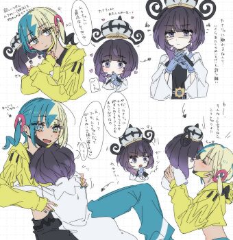 2girls :d :o belt belt_buckle black_dress black_hair black_pants blonde_hair blue_eyes blue_nails blue_pants bob_cut buckle canari_(pokemon) character_doll closed_mouth coat commentary_request crop_top doll dress gloves gradient_hair grid_background gwynn_(pokemon) hat heart highres holding holding_doll hug jacket kiss long_sleeves looking_at_another multicolored_hair multicolored_nails multiple_girls nintendo o-ring o-ring_belt object_kiss open_mouth pants partially_fingerless_gloves pokemon pokemon_legends:_z-a purple_eyes purple_hair sakizome1001 short_hair smile speech_bubble translation_request twintails two-tone_nails two-tone_pants white_coat yellow_jacket yellow_nails yuri