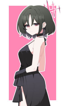 1girl alternate_costume backless_outfit black_choker black_gloves black_hair blue_archive border breasts choker closed_mouth dress earrings elbow_gloves from_side gloves halo hideinroom highres jewelry light_smile looking_at_viewer looking_to_the_side medium_breasts misaki_(blue_archive) outline outside_border pink_background red_halo short_hair solo white_border white_outline