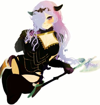 1girl animated animated_gif axe blush breasts camilla_(fire_emblem) cleavage fire_emblem fire_emblem_fates hair_over_one_eye large_breasts lying nintendo on_side one_eye_covered purple_eyes purple_hair rif_(rif-art) simple_background solo tiara