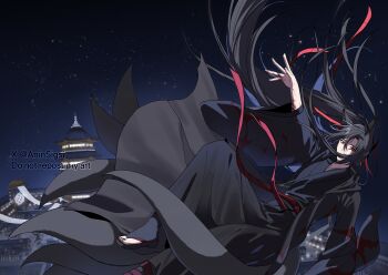 Rule 34 | 1boy, absurdres, ahoge, animal ears, aninsigsi, architecture, black hair, black hanfu, black sandals, blood, blood on clothes, blood on hands, building, chinese clothes, commentary request, east asian architecture, falling, floating clothes, floating hair, fox boy, fox ears, fox tail, hair between eyes, hair ribbon, hand up, hanfu, highres, kemonomimi mode, kitsune, korean commentary, kyuubi, long hair, long sleeves, male focus, modao zushi, multiple tails, night, outdoors, ponytail, red eyes, red ribbon, red sash, ribbon, robe, sandals, sash, sidelocks, sky, solo, star (sky), starry sky, tail, twitter username, very long hair, wei wuxian, wide sleeves