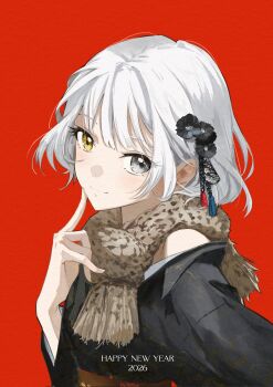 Rule 34 | 1girl, 2026, bang dream!, bang dream! it's mygo!!!!!, bare shoulders, black kimono, blue eyes, brown scarf, commentary request, finger to cheek, fur scarf, hair ornament, happy new year, heterochromia, highres, japanese clothes, kaname raana, kimono, kissshotmagia, long sleeves, looking at viewer, new year, obi, red background, sash, scarf, short hair, simple background, smile, solo, upper body, white hair, yellow eyes