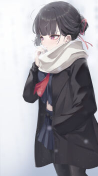 1girl adapted_costume alternate_costume black_hair black_jacket black_pantyhose black_shirt black_skirt breath chisa_(wuthering_waves) commentary_request from_side hand_in_pocket harurunoe jacket light_blush looking_ahead neckerchief paid_reward_available pantyhose parted_lips partial_commentary red_eyes red_neckerchief scarf shirt skirt solo white_scarf wuthering_waves