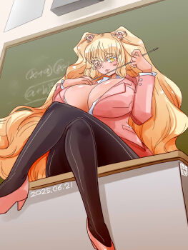 1girl alternate_breast_size_(larger) alternate_costume black_pantyhose blazer blonde_hair blush breasts chalkboard classroom cleavage commentary_request dated desk flower flower_over_eye full_body hair_flower hair_ornament high_heels highres holding holding_pointer huge_breasts indoors itini-sanshi jacket kirakishou long_hair long_sleeves looking_at_viewer on_desk open_mouth pantyhose pink_jacket pointer rose rozen_maiden sitting solo teacher two_side_up very_long_hair white_flower white_rose yellow_eyes