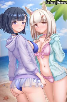 2girls :t absurdres animal_ears artist_name ass beach bikini black_choker black_hair blue_bikini blue_sky blunt_bangs breasts choker cleavage cloud cloudy_sky day frilled_bikini frills happy_meek_(umamusume) highres hood hood_down hooded_jacket horizon horse_ears horse_girl horse_tail jacket kiryuuin_aoi large_breasts looking_at_viewer mixed-language_commentary multiple_girls navel nekroz7 ocean open_clothes open_jacket outdoors pink_bikini pink_choker pink_eyes pout purple_eyes purple_jacket see-through_clothes see-through_jacket short_hair sky swimsuit tail umamusume white_hair white_jacket