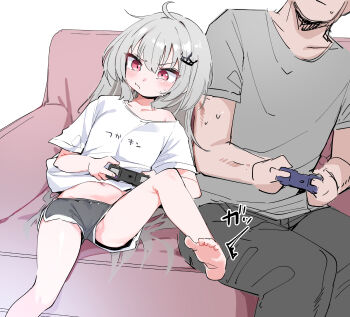 1boy 1girl absurdres ahoge black_shorts closed_mouth commentary_request controller crown_hair_ornament dolphin_shorts feet game_controller grey_hair head_out_of_frame highres holding holding_controller holding_game_controller knee_up leaning_on_person leg_up long_hair midriff navel pout red_eyes ryogoku_tsukasa shirt short_shorts short_sleeves shorts single_off_shoulder sitting soles specialite_(company) toes utsusumi_kio virtual_youtuber white_shirt
