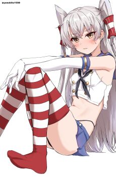 Rule 34 | 1girl, amatsukaze (kancolle), black neckerchief, black panties, blue sailor collar, blue skirt, brown eyes, commentary request, cosplay, crop top, elbow gloves, gloves, grey hair, hair tubes, highleg, highleg panties, highres, kantai collection, long hair, microskirt, miniskirt, neckerchief, panties, pleated skirt, sailor collar, shimakaze (kancolle), shimakaze (kancolle) (cosplay), shirt, simple background, sitting, skirt, sleeveless, sleeveless shirt, solo, striped clothes, striped thighhighs, thighhighs, twitter username, two side up, underwear, white background, white gloves, yamabiko1358