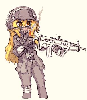 Rule 34 | 1girl, alternate costume, assault rifle, belt, blonde hair, bow, braid, brown belt, brown gloves, brown jacket, brown pants, bullpup, cigarette, commentary, gloves, gun, hair bow, hat, headset, highres, holding, holding gun, holding weapon, iwi tavor, jacket, kirisame marisa, korean commentary, lighting cigarette, long hair, long sleeves, open clothes, open jacket, pants, rampa93, rifle, side braid, single braid, solo, touhou, very long hair, weapon, white bow, yellow eyes