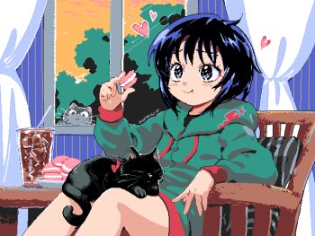 1girl animal animal_on_lap aqua_hoodie aseprite_(medium) black_cat black_eyes black_hair cat cat_on_lap chair choppy_bangs closed_mouth commentary_request cookie curtains day drinking_straw eudetenis eyebrows_hidden_by_hair feet_out_of_frame food glass hand_up heart holding holding_cookie holding_food hood hoodie indoors long_sleeves on_chair on_lap original pet pixel_art raised_inner_eyebrows short_hair sitting sleeping_animal smile solo window