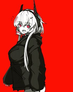 1girl black_jacket bright_pupils colored_skin commentary english_commentary fang from_side girls'_frontline hair_ornament hairclip headgear highres jacket limited_palette looking_at_viewer m4_sopmod_ii_(girls'_frontline) multicolored_hair naked_jacket open_mouth red_background red_eyes sate short_hair_with_long_locks simple_background sleeves_past_wrists smile solo standing streaked_hair upper_body walking white_pupils white_skin zipper