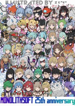 6+girls anniversary black_eyes black_hair blonde_hair blue_eyes blue_hair brighid_(xenoblade) brown_hair character_request closed_eyes dromarch_(xenoblade) eyepatch fan_la_norne glasses green_eyes green_hair grey_hair hat highres horns light_brown_hair mikaalpha293 monolith_soft multiple_girls mythra_(xenoblade) nia_(xenoblade) one_eye_closed open_mouth orange_eyes pandoria_(xenoblade) pneuma_(xenoblade) poppi_(xenoblade) purple_eyes purple_hair pyra_(xenoblade) red-framed_eyewear red_hair t-elos t-elos_re: white_hair xenoblade_chronicles_(series) xenoblade_chronicles_2