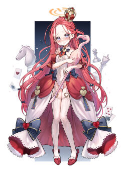 1girl alice&#039;s_adventures_in_wonderland bird blue_archive blush bow breasts card chess_piece cleavage_cutout clothing_cutout cosplay covered_navel croquet crown dress embarrassed flamingo footwear_bow forehead frilled_dress frills full_body garter_straps halo halterneck head_tilt heart heart-shaped_lock heart_cutout highres knees_together_feet_apart leotard looking_at_viewer neck_ribbon off_shoulder open_clothes open_dress orange_hair parted_bangs parted_lips picter pigeon-toed playing_card queen_of_hearts_(alice_in_wonderland) queen_of_hearts_(alice_in_wonderland)_(cosplay) red_footwear ribbon small_breasts solo standing thighhighs white_leotard white_thighhighs yuzu_(blue_archive)