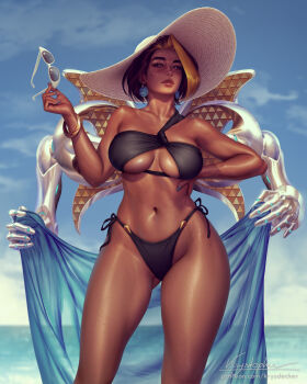 1girl beach bikini black_bikini black_hair blonde_streaks blue_sarong breasts cleavage colored_bangs commentary dark-skinned_female dark_skin domina_(overwatch) english_commentary extra_arms hat highres krystopher_decker looking_at_viewer mechanical_arms multicolored_hair open_sarong overwatch sarong side-tie_bikini_bottom solo streaked_hair sun_hat swimsuit
