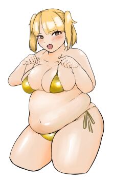 1girl bikini bikini_pull blonde_hair blush breasts brown_eyes cleavage clothes_pull fang fat fat_woman gold_bikini hands_on_own_chest highres large_breasts navel open_mouth original orya plump short_hair side-tie_bikini_bottom skin_fang smile solo standing swimsuit thick_thighs thighs twintails white_background